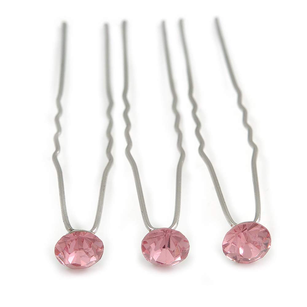 Avalaya 3pcs Bridal/Wedding/Prom/Party Pink Crystal Hair Pins in Silver Tone - 70mm L
