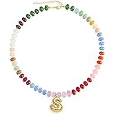 Hoifu Elegant Boho Colorful Beaded Necklace with Gold Bubble Letter A-Z Pendant,Handmade Trendy Summer Beach Initial Necklace Chain,14K Gold-Plated Natural Stone Choker, Perfect Festival Jewelry Gift for Women