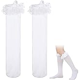 Thrymme White Lace Knee High Socks, Velvet Socks with Bow Ruffle, Cute Lolita Stockings for Women Girls Dress Costume Long Calf Sock (White)