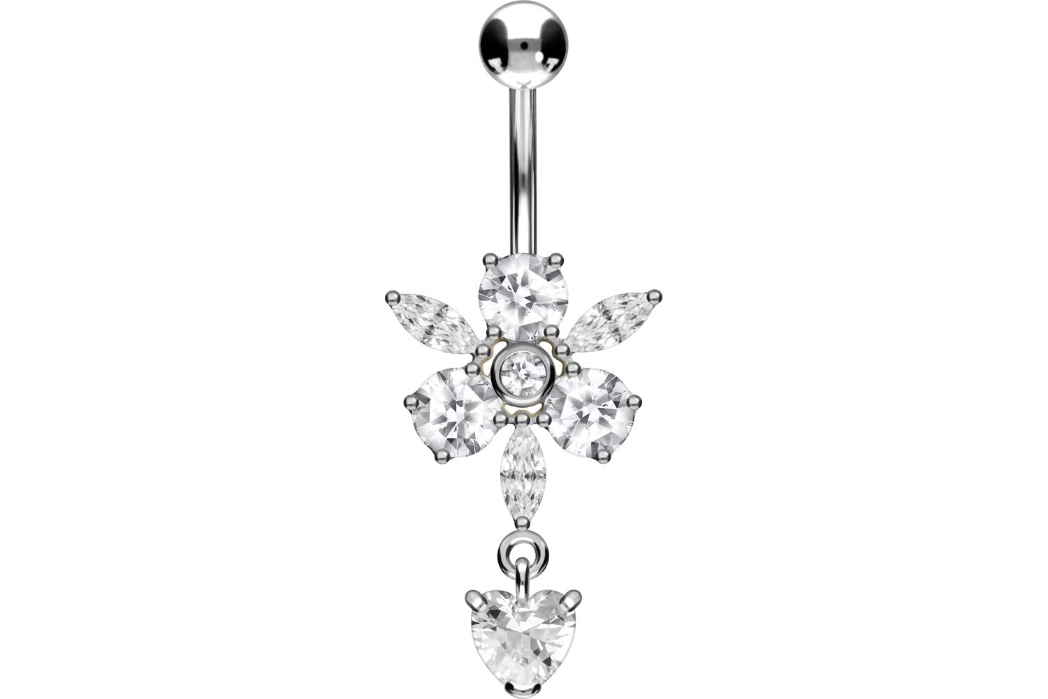 PIERCINGLINE titanium navel piercing | 925 silver CRYSTAL FLOWER + HEART PENDANT | bananabell belly button piercing | length 10 mm | 1.6mm bar thickness (silver coloured)