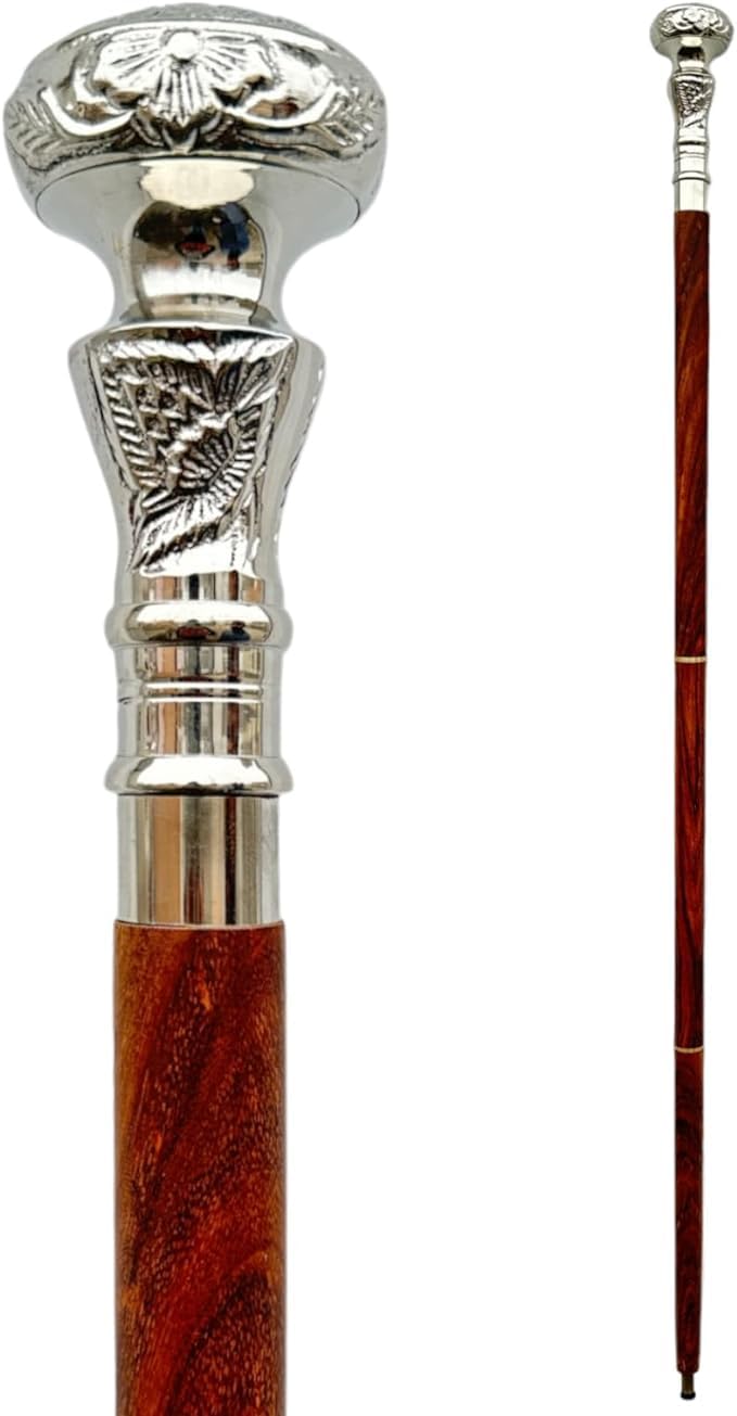 Vintage Walking Cane wooden walking Silver brass handle knob black wood shaft stick, Victorian fancy cane for men and women (Silver-Brown)