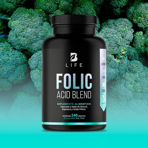 Ácido Fólico de 240 Cápsulas con Brócoli y Espinaca. Ingredientes Naturales. Folic Acid Blend B Life.