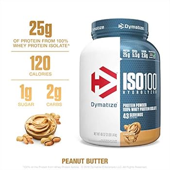 Dymatize ISO100 Hydrolyzed Protein Powder, 100% Whey Isolate Protein, 25g of Protein, 5.5g BCAAs, Gluten Free, Fast Absorbing, Easy Digesting, Peanut Butter, 3 Pound