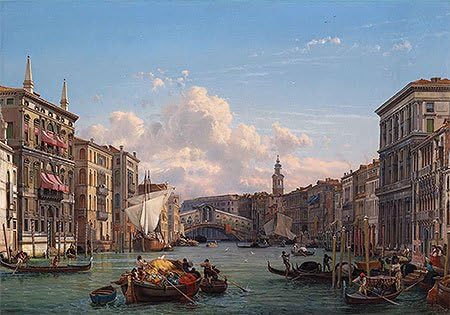 Friedrich von Nerly (A View of the Grand Canal Looking towards the Rialto Bridge, Venice) Canvas Art Print Reproduction (15.1x21.7 in) (38.4x55 cm)