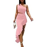 BEAGIMEG Women's Sexy Bodycon One Shoulder Ruffle Assymetrical Cut Out Club Party Cocktail Maxi Dress