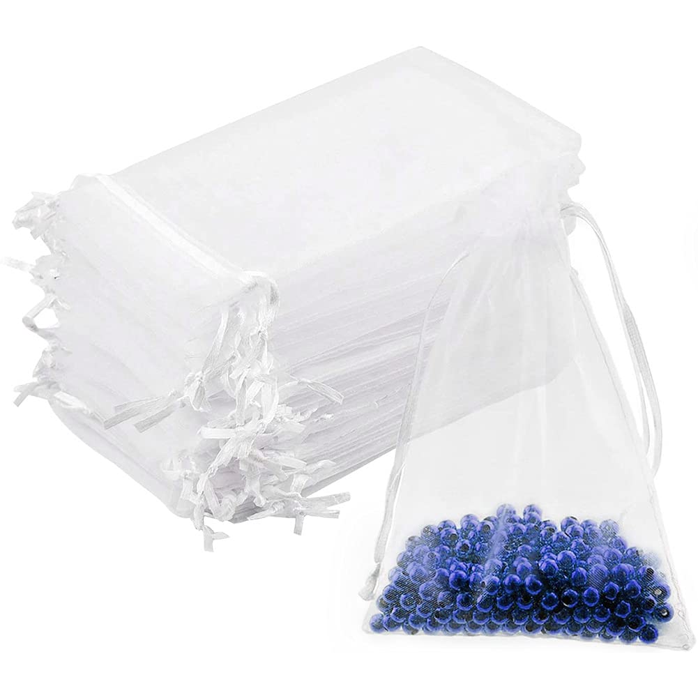 DoGeek 60 Small Organza Gift Bags Jewelry Pouches Sheer Drawstring Pouches, Mesh Candy Favour Bag for Wedding Party Festival Game (9 x 7CM, White)