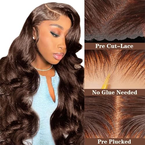 Chocolate Brown Glueless Wig Human Hair Wear and Go Glueless Lace Front Wig 4×4 Pre Plucked Body Wave Human Hair 180% Density Natural Hairline Lace Closure Wigs 26 inch