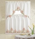 B&H Home Glory Floral Embroidered 3-Piece Kitchen Curtain Window Treatment Set (Peach)