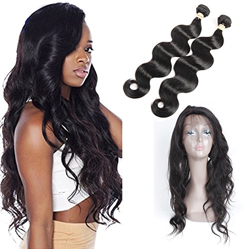 Queen Plus Hair 8A 360 Full Lace Band Frontal Cap Closure (22Ã—4Ã—2) Natural Hairline Pre Plucked with Baby Hair Body Weave 2 Bundles Brazilian Virgin Natural Black Remy Human Hair (16 18 +14)