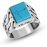 LeCalla 925 Sterling Silver Square Turquoise Stone Men's Ring | Handmade Cuban Link Chain Braided Rings for Men | Antique Mens Rings with Gemstone | (Size 8-10 No.)