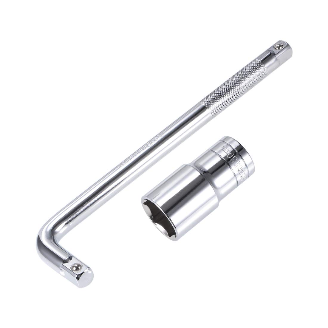 sourcing map Socket Accessory Set of 2 Pcs, 30mm 6-Point Deep Socket 10" L-Shape Extension Handle with 1/2" Drive
