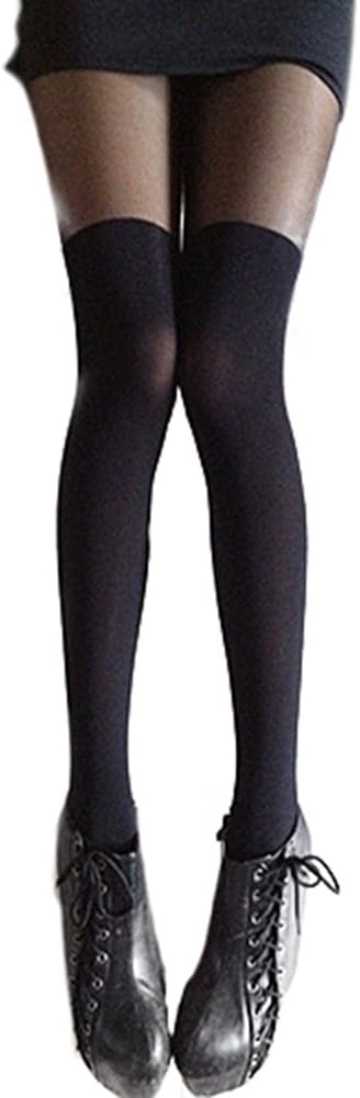 Black Mixed Colors Gipsy Mock Ribbed Over the Knee Tights Thigh High Pantyhose