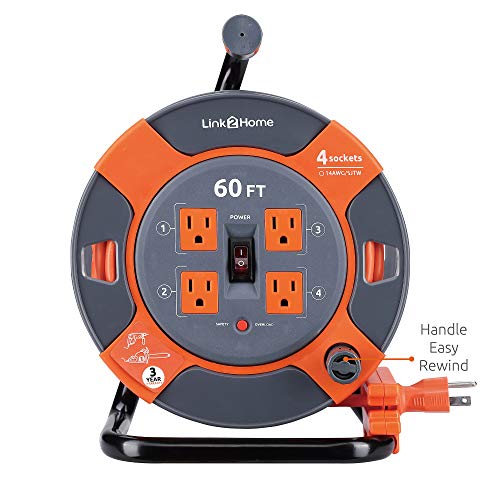 Link2Home 60 Ft. Retractable Extension Cord Reel With 4 Outlets & Heavy