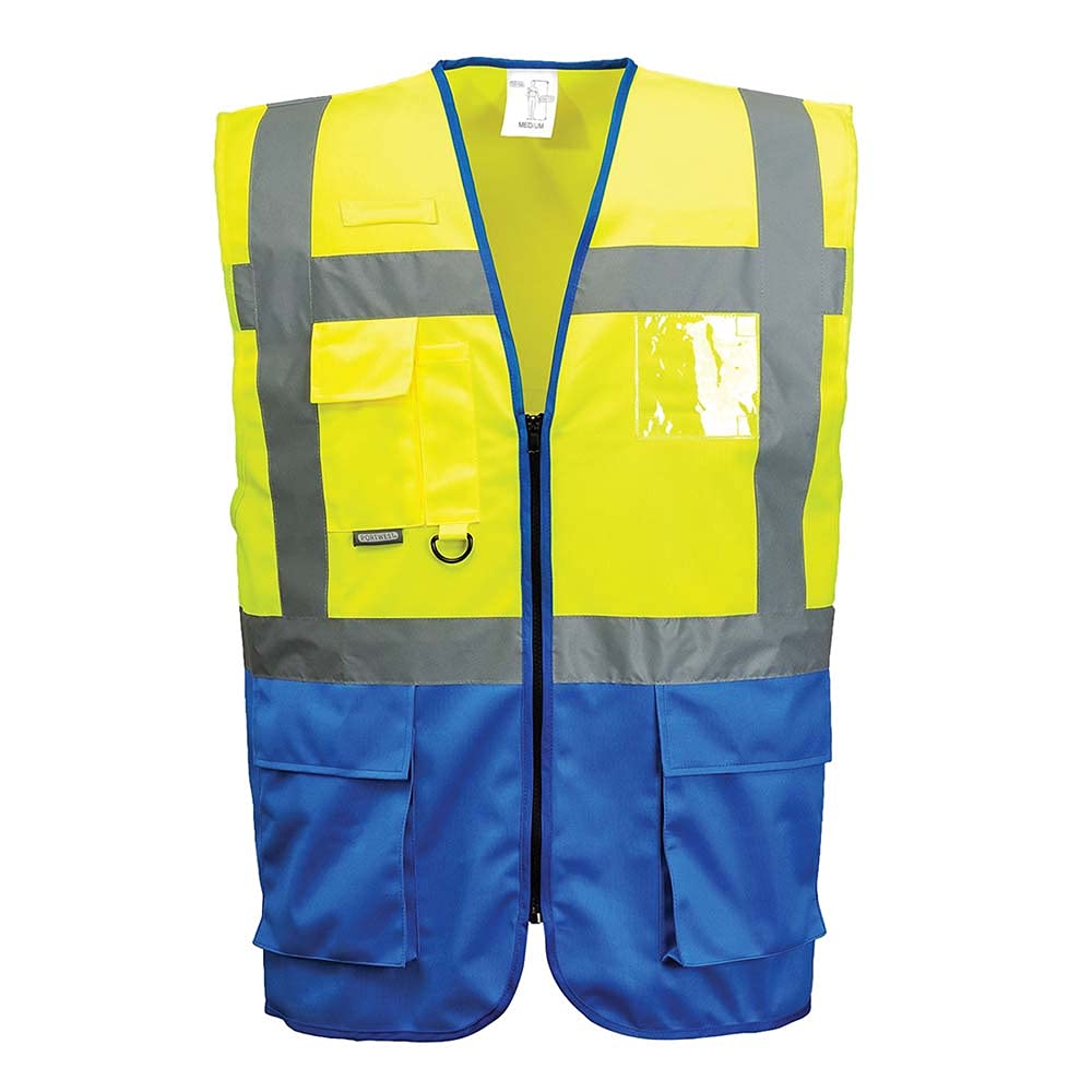 Portwest C476 Warsaw Hi-Vis Contrast Executive Sleeveless Safety Vest with Pockets - Reflective High Viz Outdoor Safety Workwear, Yellow/Royal, 3XL