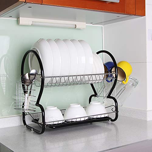 2-Tier Dish Rack and Drain Board, Brilliant Black Large Kitchen Plate Cup Dish Drying Rack Storage Tray Cutlery Dish Drainer Room Saving