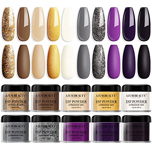 Dip Powder Nail Set 10 Colors AZUREBEAUTY Gold Glitter Dipping Powder
