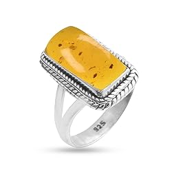 Solid 925 Sterling Silver Ring For Womens Amber