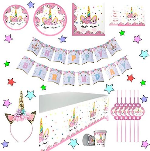 Unicorn Birthday Party Supplies - Plates Set and Decorations - Perfect for The Birthday Girl’s Magical Unicorn Party - Serves 12 - Disposable Table Cover, Plates, Cups, Napkins, Invitation Cards, Straws, Happy Birthday Banner and Unicorn Headband by Selfborns
