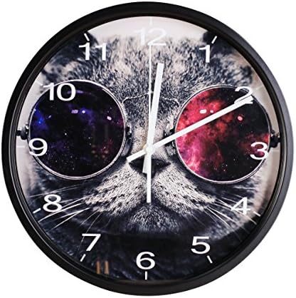 Luckly candy Cute Cat theme Background Super Silent Wall Clock Quiet Sweep Decorative Clocks (12Inch, Black1)