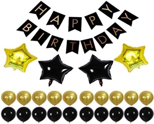 FIVEQ Birthday Party Decoration Set with Black and Gold Colors Party Banners, Foil Stars, and Balloons