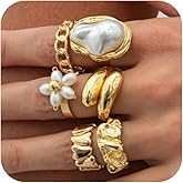 Douxsu 5Pcs Chunky Dainty Gold Flower Rings Stackable for Women Trendy, Statement Baroque Pearl Floral Silver Huggie Knuckle Ring Vintage Party Jewelry Gift