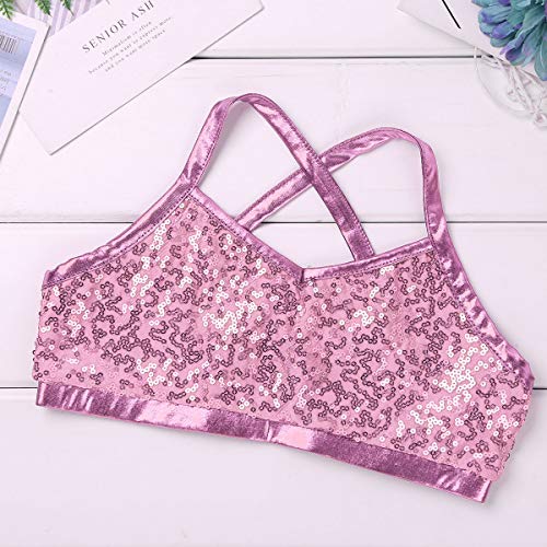 dPois Kids Girls' Polka Dot Strappy Top Bra with Shorts Set for Sports Workout Gymnastics Leotard Dancing Pink (Sequins) 8-10 - Thumbnail 5