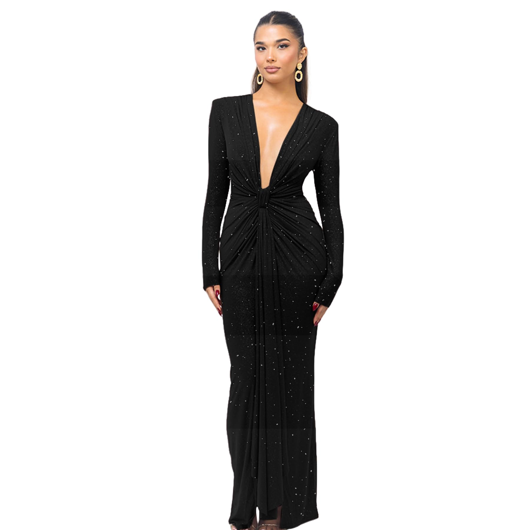 Photo 1 of Women's Sexy Glitter Deep V Neck Long Sleeve Maxi Dress Sparkly Ruched Split Bodycon Party Cocktail Dresses Black