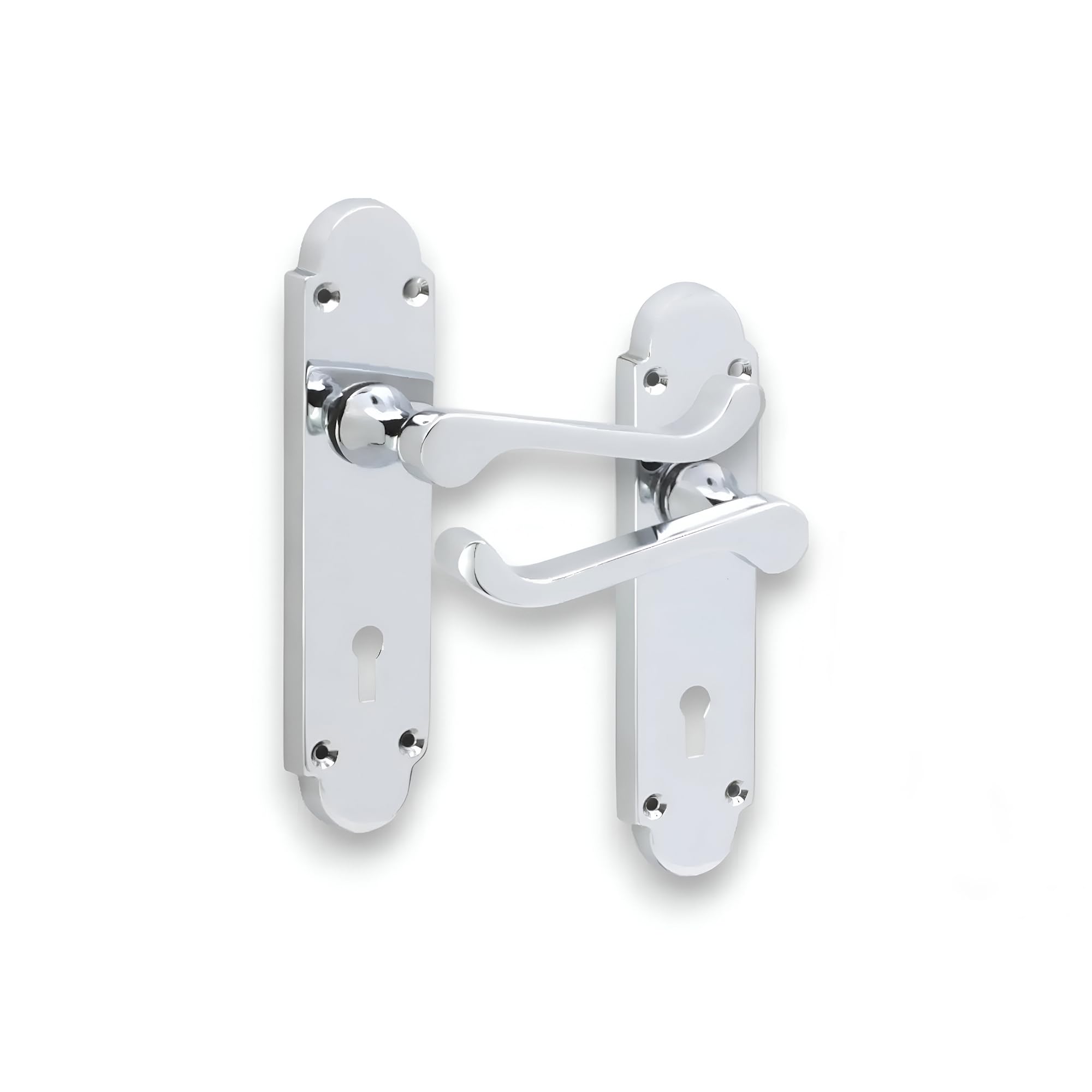 Infinity Decor Victorian Scroll Oakley Lever on Shaped Backplate Door Handle in Polished Chrome Finish – Key Lock Handle Ideal for Interior and Exterior Doors