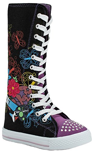 Girls Purple Fashion Punk Sneakers Butterfly Floral Pattern Sequins Lace-up Zip High Top Canvas Boots-2