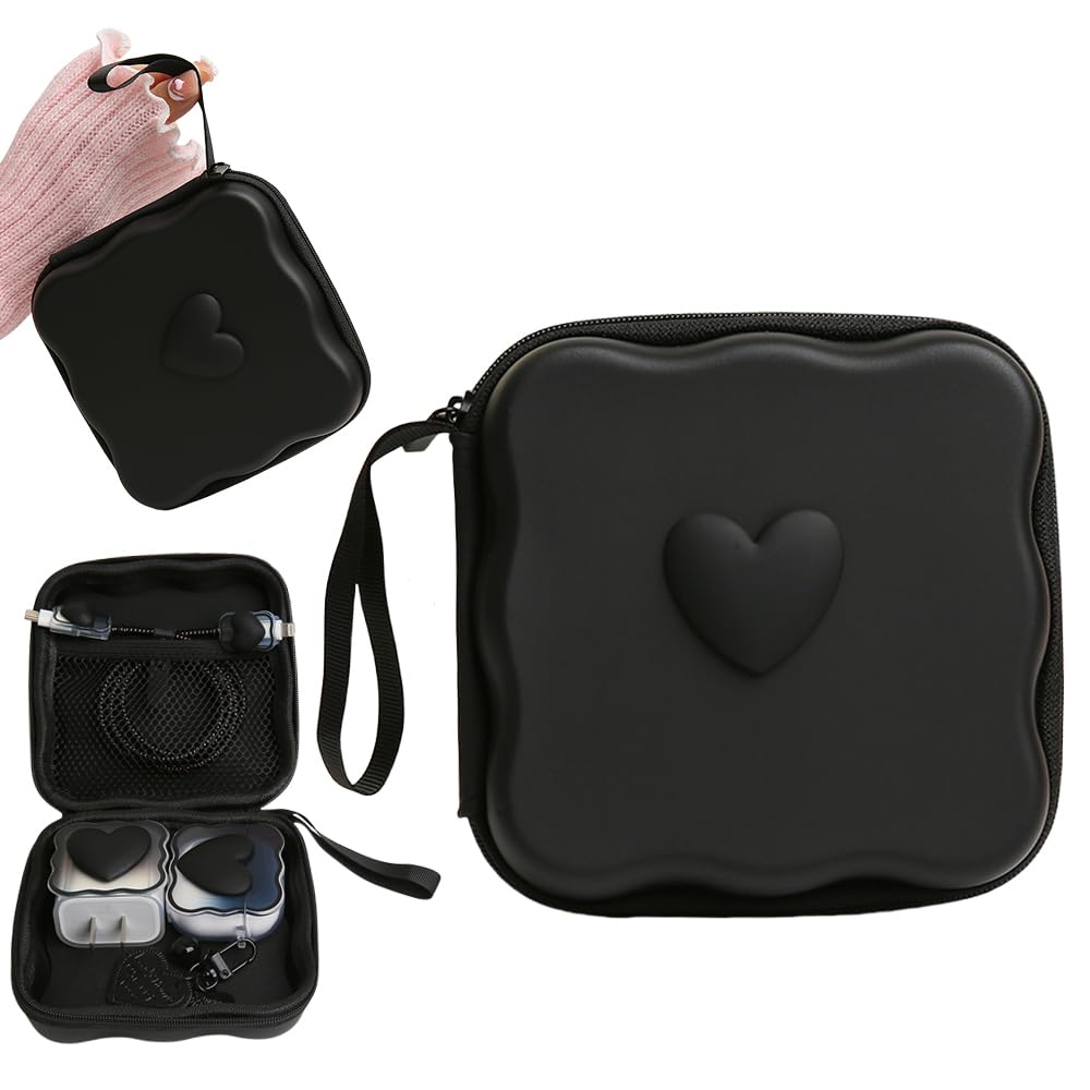 Photo 1 of QLD COVER Charger Cover Storage Bag, Lovely 3D Love Heart Waves Design Charger Protector Travel Storage Case, Earphone Wire Saver Cable Cord Organizer Wireless Earphone Storage Box, Black Love