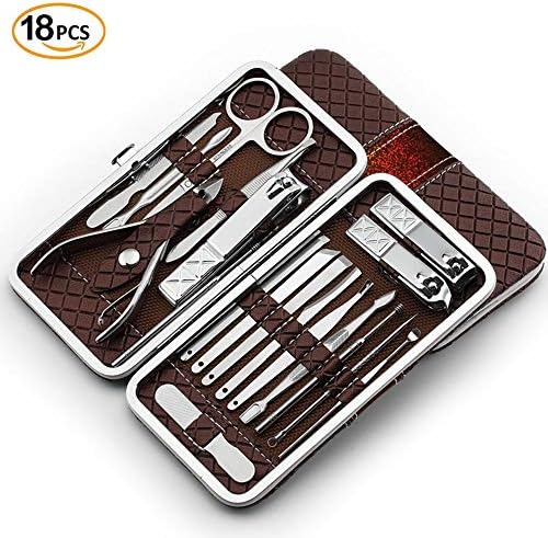 Professional Nail Clippers Manicure Set - Stainless Steel 18 in 1 Nail Clipper Set Portable Travel Grooming Kit - Facial, Cuticle and Nail Care for Men and Women, Nail Tools with Leather Case