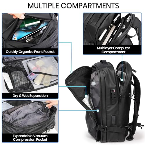 H.yeed Travel Backpack Expandable 30L-60L Vacuum Business Rucksack | USB&Type-C Charging Port and Pump, Waterproof Lightweight, Wet Dry Separation,Fits 17.3 Inch Laptop