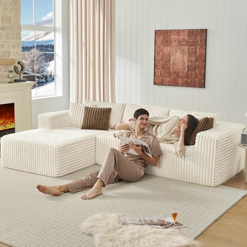 Fantico Modular Sectional Sofa Couch Luxurious Corduroy - High-Density Foam, Non-Slip Stability, Easy Setup with Box Packaging, Comfortable & Durable for Living Room, Apartment, Bedroom - Beige