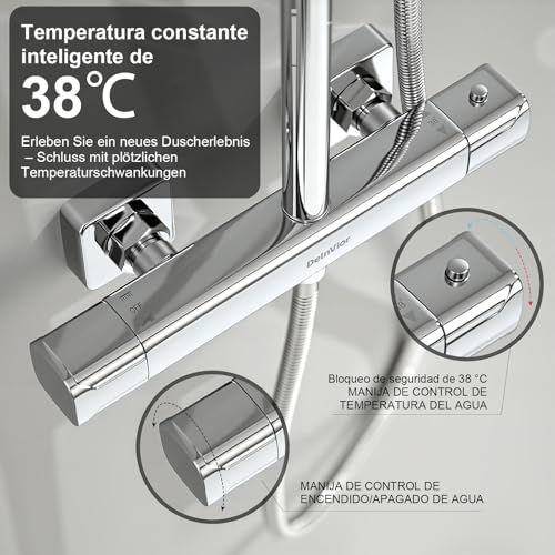 DelnVior Shower System with Thermostat Stainless Steel Square Rain Shower 3 Jet Types Complete Shower Set Adjustable Height with Anti-scald Protection Water Saving