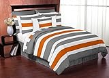 Gray, Orange and White Childrens, Teen 3 Piece Full / Queen Boys Stripe Bedding Set Collection