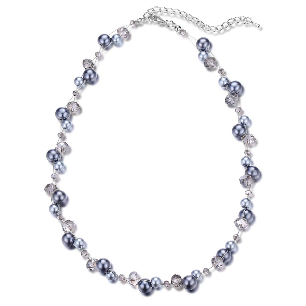 BULINLIN Short Beaded Pearl Necklace for Women, Silver Handmade Statement Necklace with Crystal Beads Fashion Jewellery Birthday Gifts for Her(Grey)