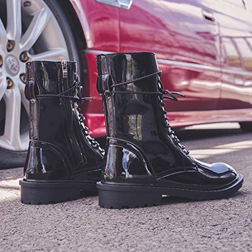❤Kauneus❤ Women's Mid Calf Boots Lace up Side Zipper Winter Boots Fashion Leather Black High Top Shoes - Thumbnail 5