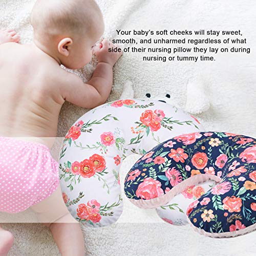 BORITAR Minky Nursing Pillow Covers 2 Pack, Super Soft Breastfeeding Pillow Slipcover with Pink Floral Multicolor Floral Printed and Pink Dotted Backing