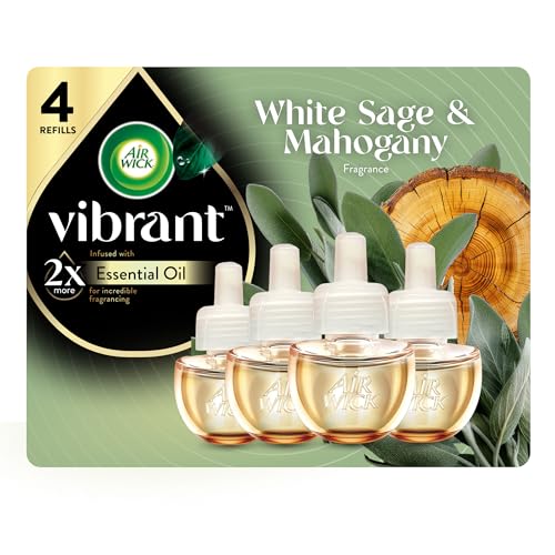 Air Wick Vibrant Plug In Scented Oil Refill, Infused with Essential Oils, Plug In Air Fresheners for Home, White Sage & Mahogany, 4 ct
