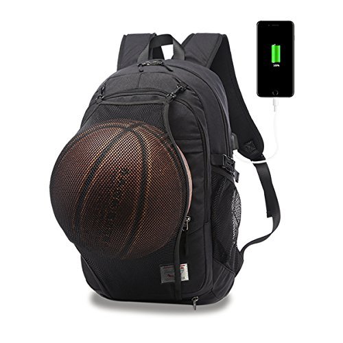 Casual Laptop Backpack College Backpack with Basketball Nets Headphone Port & USB Charging Port Sports Bag School Bag Bookbag Travel Daypack Fits 15.6 Inch Laptop Notebook (Black)