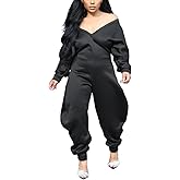 YOUFE Womens Sexy Solid Color Jumpsuit Comfy V Neck Off Shoulder Long Sleeve Wide Leg Romper Baggy Club Sweatsuit Outfit