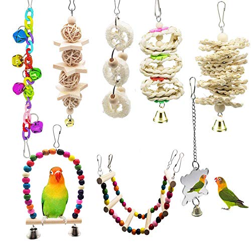 ESRISE 8 Pcs Bird Parrot Toys, Natural Wood Hanging Bell Pet Bird Cage Hammock Swing Climbing Ladders Wooden Perch Mirror Chewing Toy for Conures, Love Birds, Small Parakeets Cockatiels, Macaws - Thumbnail 5