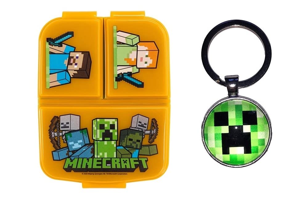 OM SUPPLIES Reusable Sandwich Lunch Box 3 Multi Compartment Kids Children School Includes Minecraft Keychain (Mine)