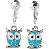 Aloha Earrings Non Pierced Silver Tone Clip On Blue Owl Dangling Earrings