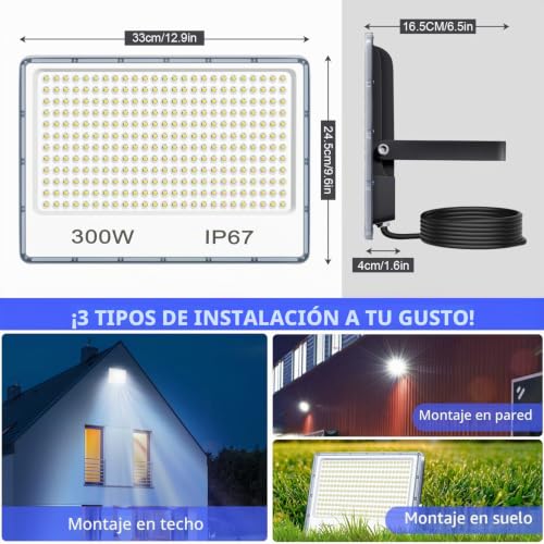 YIQIBRO 300W Outdoor LED Spotlights 2 Pieces, 30000LM 6500K Cool White Outdoor LED Lights with Transformer, IP67 Waterproof Projector for Garden, Terrace, Garage, Warehouse, Factory, Workshop