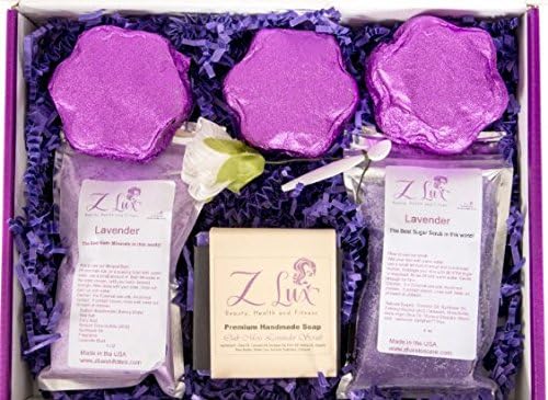 Gift Set for Women created by Z Lux, 2 lbs of an All In One Moisterizing Gift, includes 3 huge Lavender Bath Bombs, Sugar Scrub, Soap, Bubble Bath Minerals, removes Stress, total Relaxtion