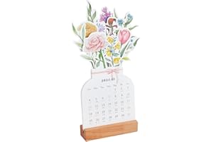 CRAFTYMELODY 2026 Year Flower Desktop Calendar with Wood Base Removable Vase Shape New Year Monthly Planning Calendar Mixed C