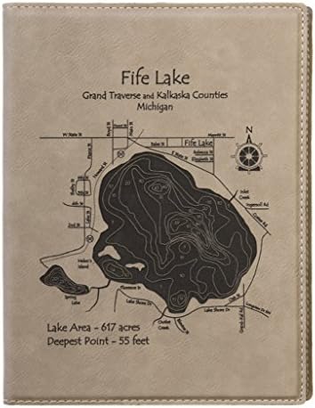 Seven Island Lake in Lincoln, WI - Leather Notebook 9x12 - Laser etched leather nautical chart and topographic depth map.