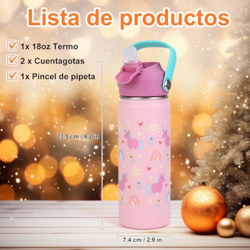 CHARMDOMI Termos para Agua Niños,Botella de Agua 18 oz,Thermos Kids Rosa/Azul/Amarillo/Verde,Acero Inoxidable Doble Capa con Popote,Termo y Botellas Frio y Caliente (Rosa)