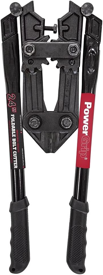 24'' FOLDABLE POWER GRIP BOLT CUTTER/easy to fit in a 17in tool bag/easy release buttons/heat treated handles with rubber grips/heavy-duty cutting strength/high leverage gear